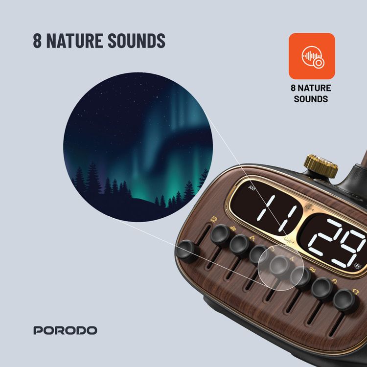 Porodo Retro Desk Lamp White-Noise & BT Speaker, Alarm and Snooze Function, Screen Display, 3 Brightness Levels (Low, Medium, High), Charging Ability, 8 Nature Sounds, USB-A Charging Port - Black 