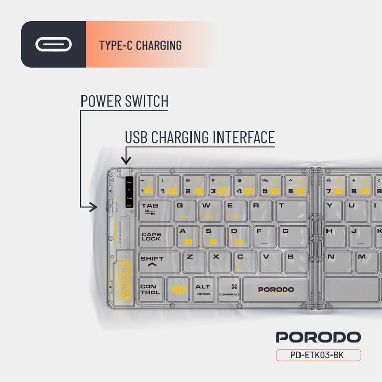 Porodo Crystal Shell Wireless Keyboard, Transparent, Bluetooth Connection, Foldable, 65 Keys + Arabic Layout, 80mAh Lithium Battery, Scissor Key Switches, Compatible with Windows, iOS, Android, Mac - Black