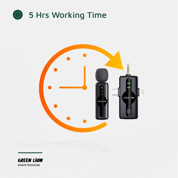 ميكروفون Green Lion GM-79X بمزايا إلغاء الضوضاء بثلاث مستويات، ووقت عمل يصل إلى 5 ساعات، وتأخير أقل من 30 مللي ثانية، ميكروفون واحد، موصلات Type-C وAUX وLightning - اللون الأسود.
