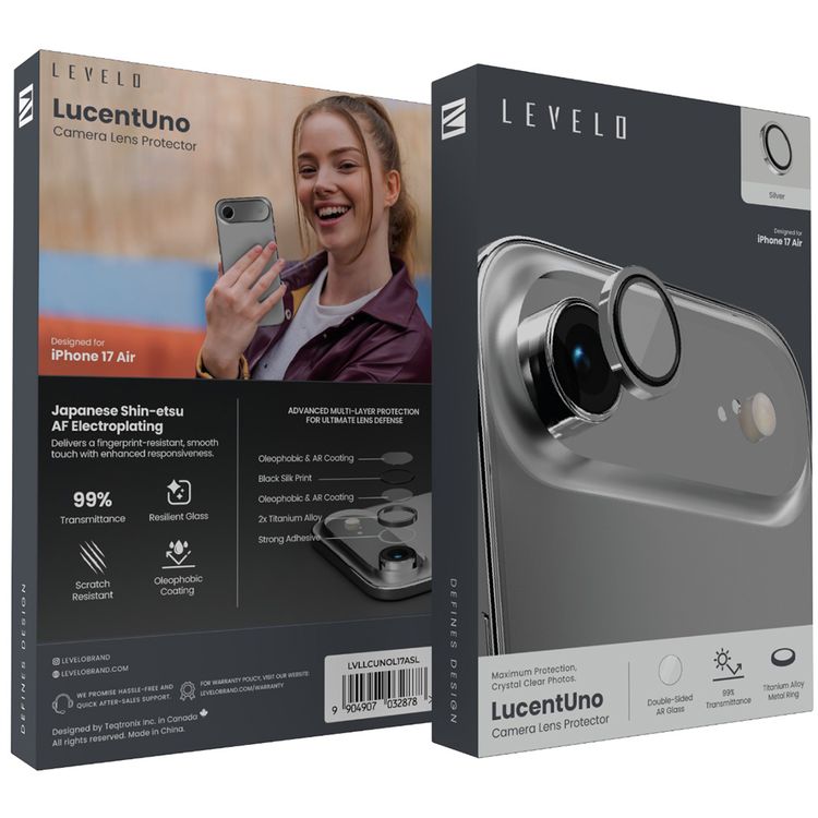 واقي عدسات كاميرا Levelo LucentUno مع نفاذية 99% لجهاز iPhone 17 Air، مقاوم لبصمات الأصابع، مقاوم للخدوش، زجاج AR مزدوج الجوانب، طلاء طارد للزيوت، حماية متعددة الطبقات، لاصق قوي - فضي.