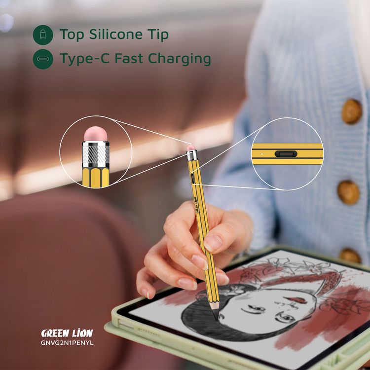 Green Lion Vintage 2-in-1 Stylus Pencil with Up to 12 Hours Working Time, 1.7mm Nib Diameter, Removeable & Replaceable Tip, 130mAh Battery Capacity, Palm Rejection - Yellow
