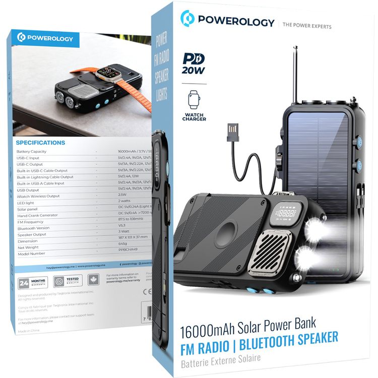 Powerology 16000mAh Solar Power Bank with FM Radio, Speaker & Lights, Compact Design, Bluetooth Version 5.3, LED Digital Clock, Integrated Cable - Black
