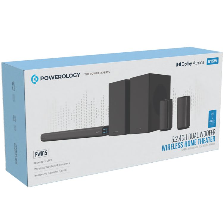 Powerology 5.2.4CH Home Theater Soundbar with Dolby Atmos, Wireless Subwoofer & Wireless, TV (ARC) Input, USB & AUX Port, Remote Control, LED Display - Black