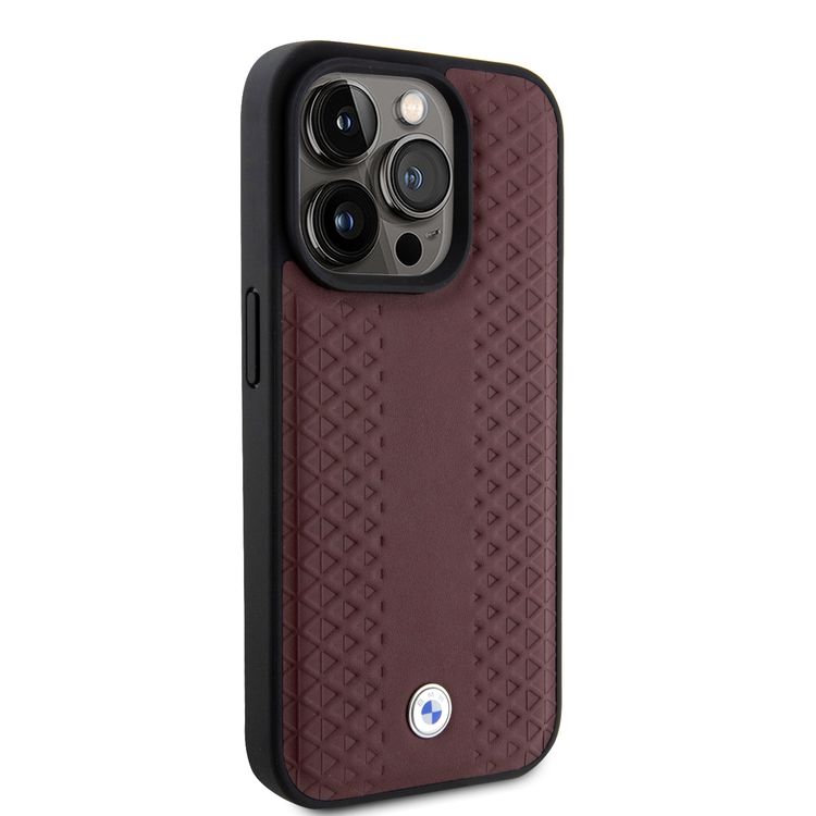 BMW Leather Case with Sign Diamond Pattern for iPhone 15 Pro  - Burgundy
