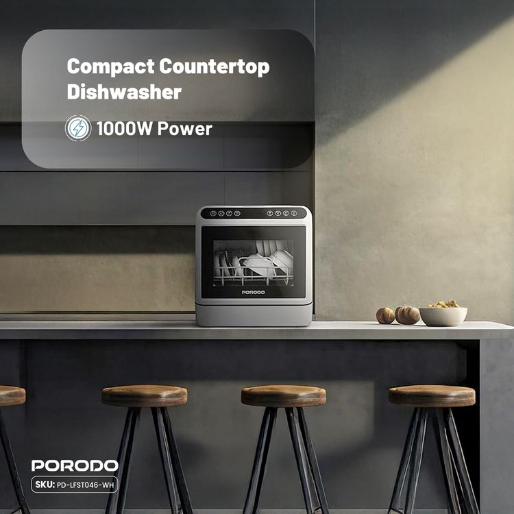 Porodo Lifestyle Counter-Top Dishwasher 220V, 5L Water Tank Capacity, 25L Space Capacity, Hot Air Drying, Hygienic Cleaning Power, UV Sterilization - White