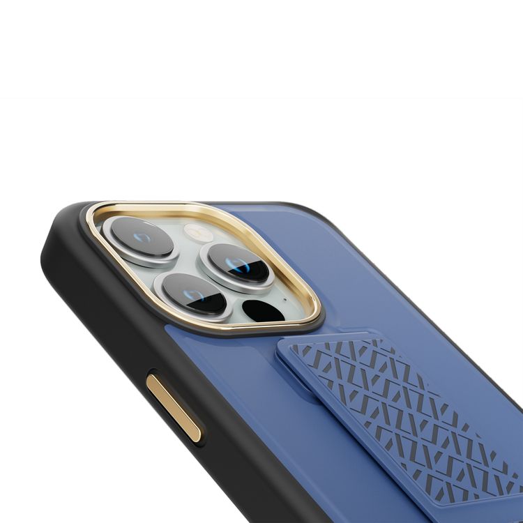 جراب Levelo Morphix Cuero Gripstand لهاتف iPhone 15 Pro، أوضاع متعددة، جلد PU، حواف مقاومة للصدمات - أزرق