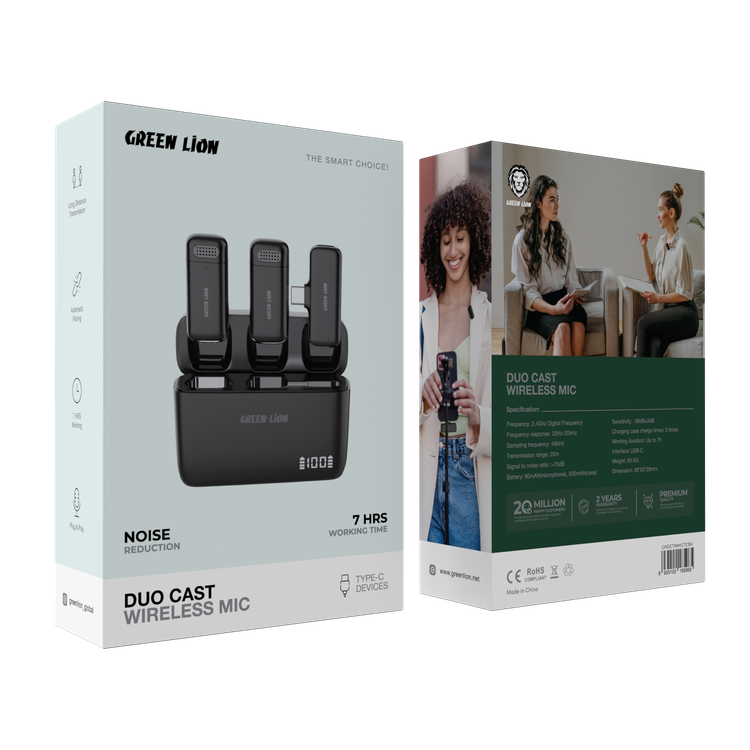 جهاز مايكروفون لاسلكي Green Lion Duo Cast من نوع Type-C مع زمن عمل يصل إلى 7 ساعات، نقل لمسافات طويلة، إقران تلقائي، توصيل وتشغيل، خفيف الوزن وصغير الحجم - أسود