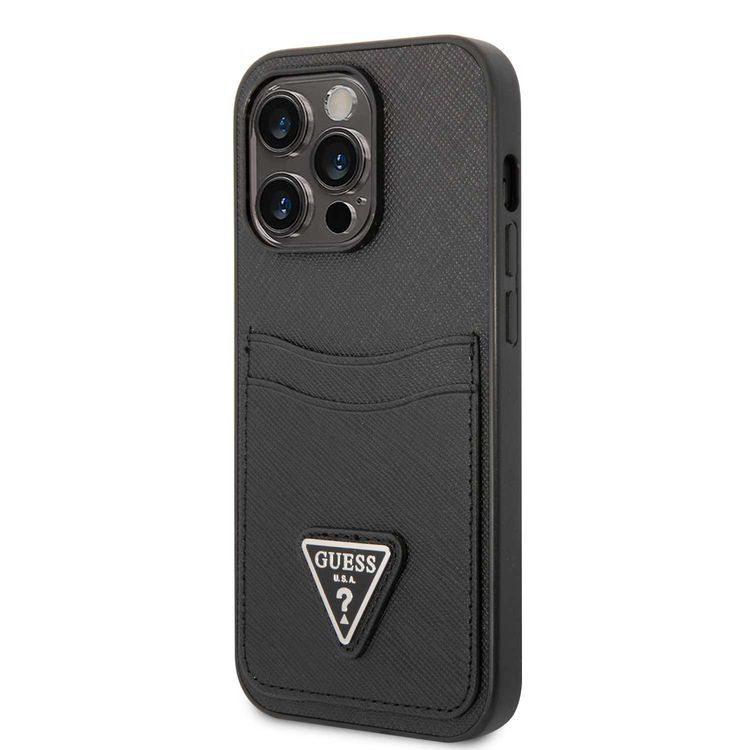 Guess Saffaino Case with Double Card Slot & Triangle Logo - Black - iPhone 15 Pro Max