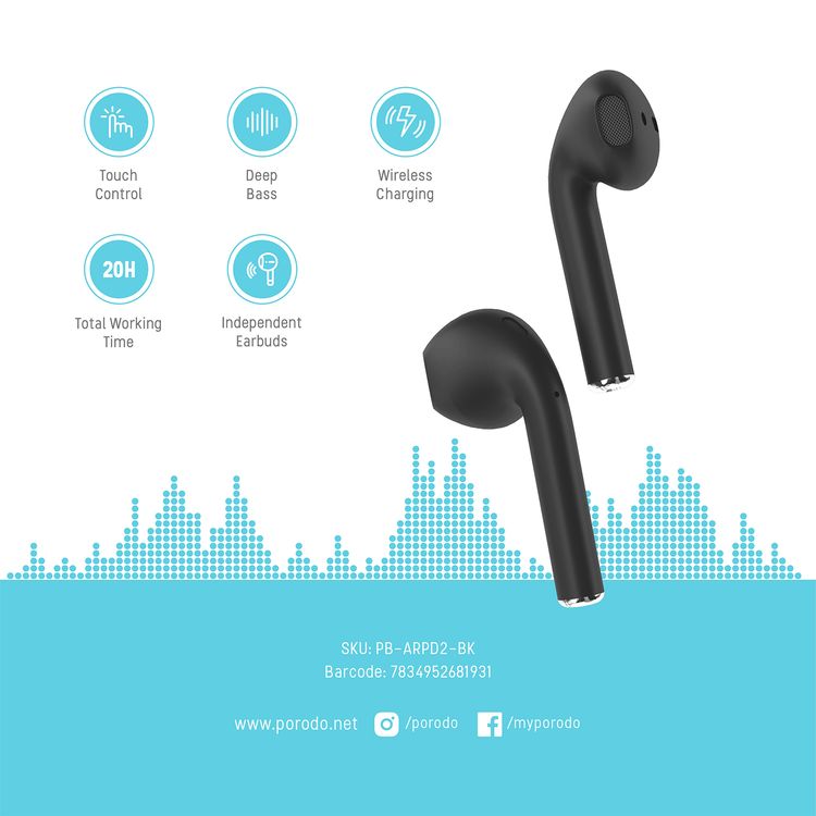 Porodo Blue Deep Bass Wireless Earbuds 2, One-Step Pairing, Comfortable Fit, Independent Earbuds, Touch Control, Deep Bass - Black