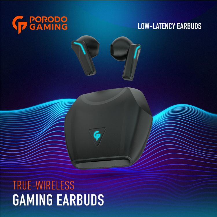 Porodo Gaming True Wireless Earbuds with Touch Controls, Dual Microphone Crisp Sound, IPX5 Water Resistant, 300 mAh Charging Case Battery, 30 mAh Earbuds Battery - Black