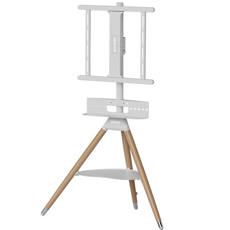 Porodo Wooden Tripod TV Stand with 35kgs Maximum Weight Capacity, 32"-65" Screen Compatibility, Media Device Storage, VESA Compatibility - White