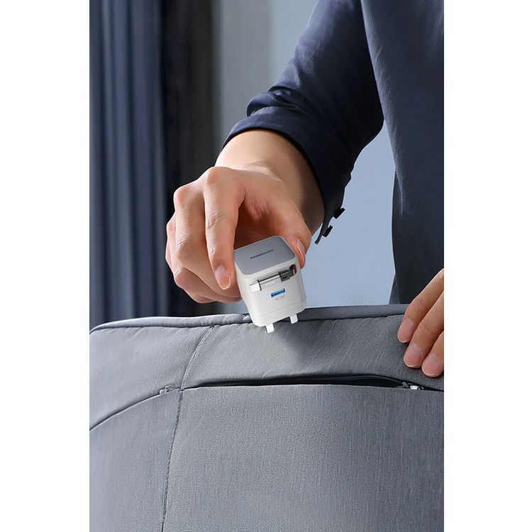 Powerology Dual Output Retractable GaN Charger with Built-in Safeguards, 2-Device Charging, 35W Power Delivery, Fire Proof Material, Patented Design, 75cm Retractable Type-C Cable - White