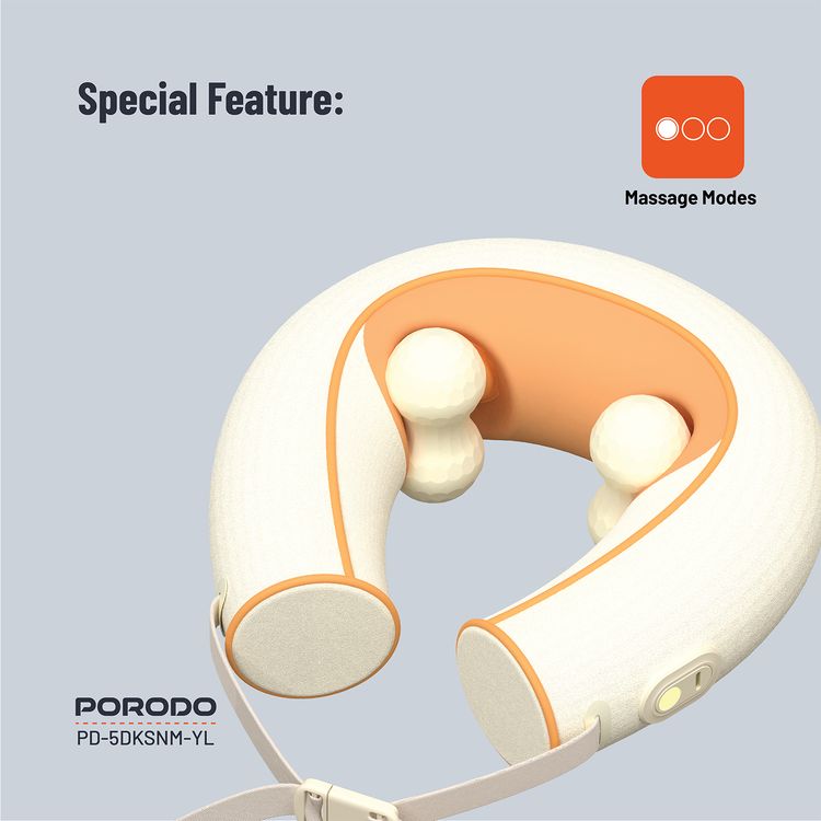 Porodo Shiatsu Neck Massager with 220 Minutes Working Time, 1800mAh Battery Capacity, Secure Adjustable Strap, 15-Minute Session Time, Multiple Massage Modes, Skin-Friendly Materials - Yellow