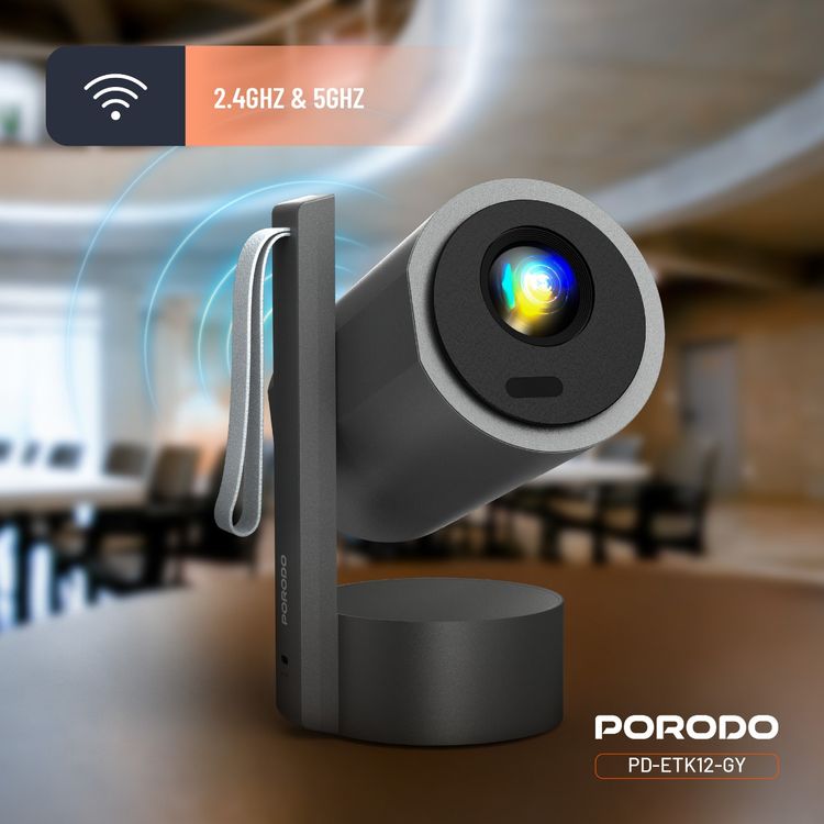 Porodo Full HD Portable Smart Projector with Auto-Focus & Keystone, 65W Power Consumption, 1080 pixels Resolution, Up to 150-inch Projection Size, 2 Hours Battery Life, 30000 Hours Light Source Life, 5000mAh Battery Capacity, 3-inch HD LCD Display, 250 ANSI Brightness, Bluetooth Version 5.0 - Gray