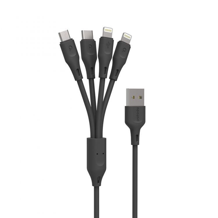 Porodo Charging Cable, PVC 4 in 1 Cable (Lightning/Type-C/Micro USB) Suitable for Lightning & Android Devices 2.4A, Durable Fast Charge and Data Connector 1.2Meter Cord - Black