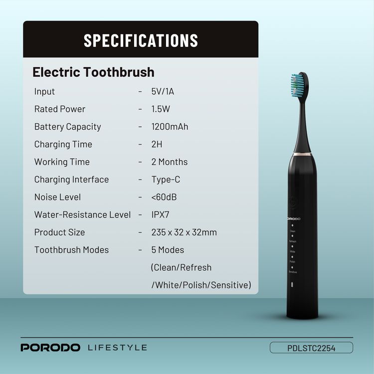 Porodo Ultimate Oral Care Duo Electric Toothbrush with Water Flosser Combo, 1200mAh Electric Toothbrush Battery Capacity, 2 Hours Electric Toothbrush Charging Time, 2 Months Electric Toothbrush Working Time, 300mL Water Flosser Water Tank Capacity, High-Pressure Water Flosser - Black