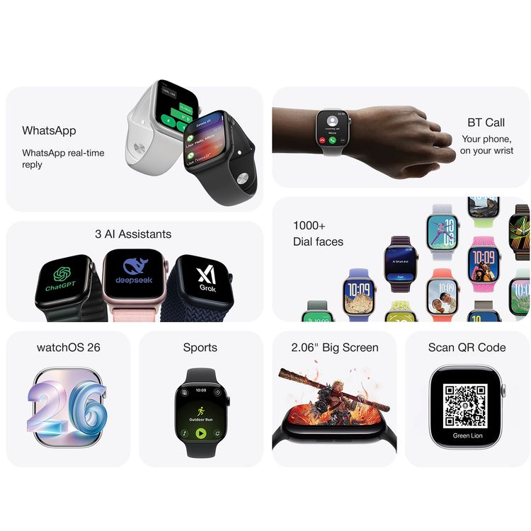 Green Lion Flex 46, 2.06'' IPS Smart Watch, Double Tap Function, WhatsApp Real-Time Reply, 10 Days Standby,  Always-On Display, 3 Ai Assistants, Sports Mode, BT Call, Translation, Compass, Barometer, 250mAh Battery, IP54 Waterproof Smart Watch - Black