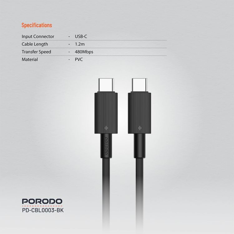 Porodo USB-C to USB C PVC Cable, 480Mbps Transfer Speed, 60W Power Delivery, more than 15000 Bends Life Span, 1.2m Cable Length, Tangle Free - Black