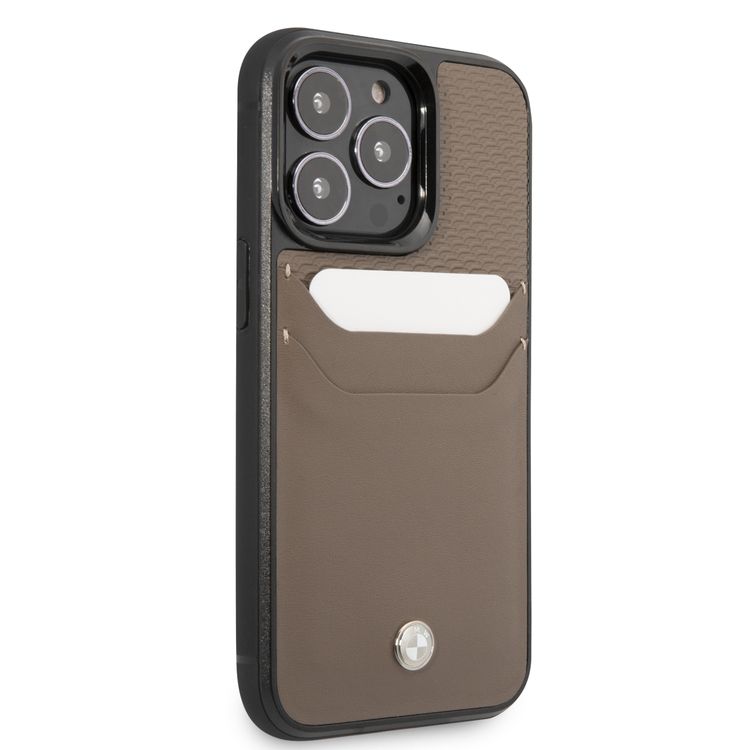 BMW Signature Collection Genuine Leather Case With Cardslot Embossed Pattern - iPhone 14 Pro Max - Taupe