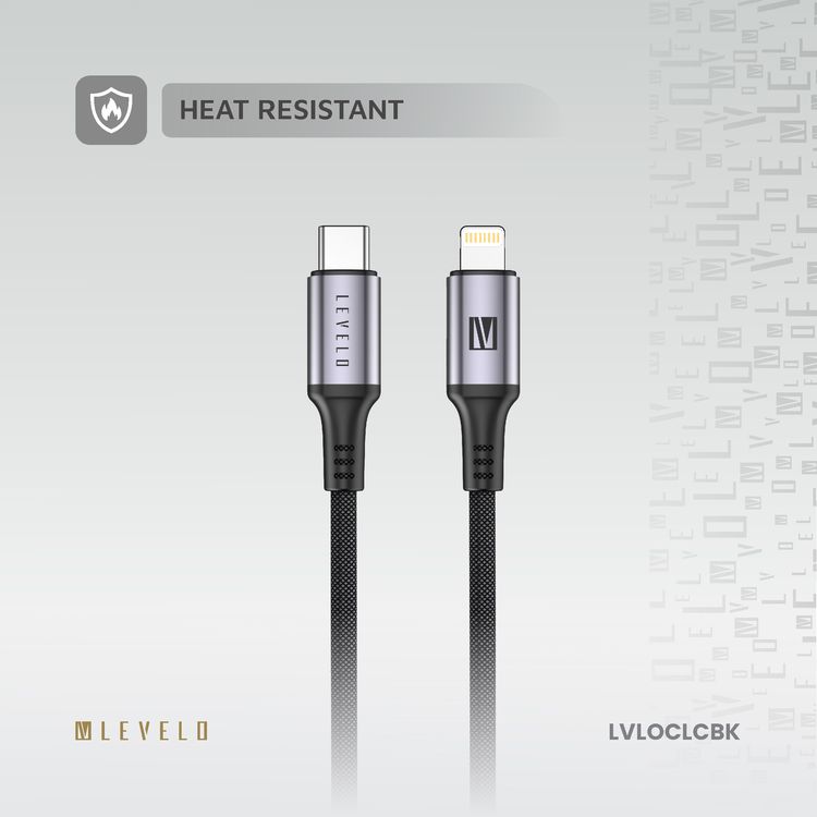 Levelo Otto USB-C to Lightning 30W Leather Cable, Tangle-Free, Fast Charging, Heat Resistant, 1.2m Cable Length - Black 