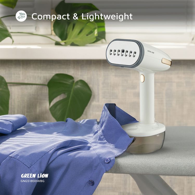 Green Lion Garment Steamer with 1800W Rated Power, 350mL Water Tank Capacity, 32g/min Steam Output, 65.56-110°C Temperature Range, Vertical, Flat, Inclined Steaming, 35 Seconds Fast Heating Time, 20 Minutes Continuous Steam Time, Gentle Fabric Care, Automatic Shut Down, Detachable Water Tank - Beige