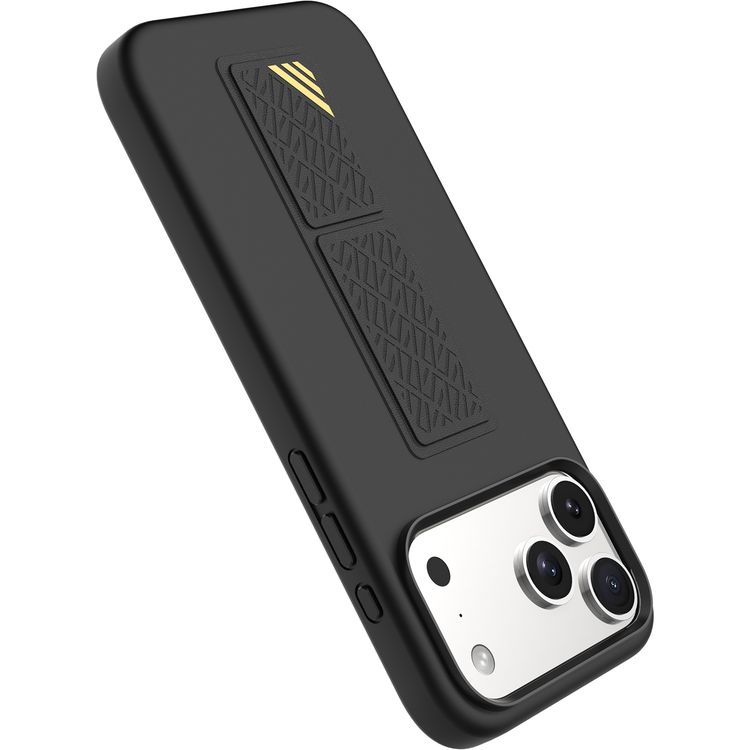 غطاء Levelo Morphix Silicone GripStand لهاتف iPhone 17 Pro Max، يوفر عرض بدون استخدام اليدين، بطانة داخلية من الألياف الدقيقة الحقيقية، قاعدة أفقية ورأسية، مصد مقاوم للصدمات، حواف مرتفعة للكاميرا والشاشة، تصميم نحيف - أسود.