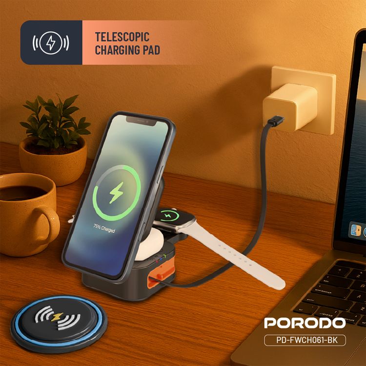 Porodo Pocket-Sized Folding Wireless Charger with 15W Wireless Output, Built-in Charging Cable, 3W Earbuds Output, Multi-Device Charging, 2.5W Apple Watch Output - Black
