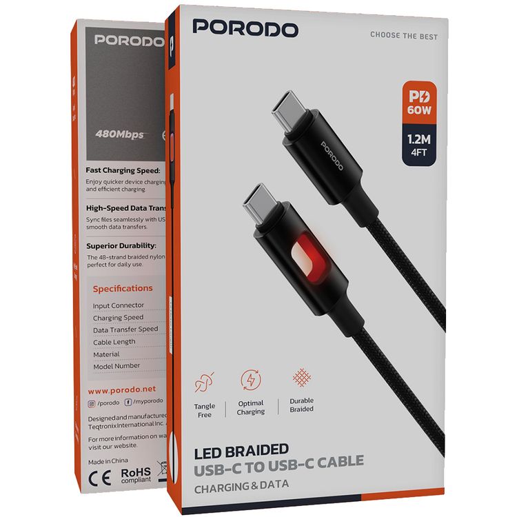 Porodo LED Braided USB-C to USB-C Cable with 60W Power Delivery, 1.2m Cable Length, Tangle-Free Design, High-Speed Data Transfer, Fast Charging Speed, Superior Durability - Black