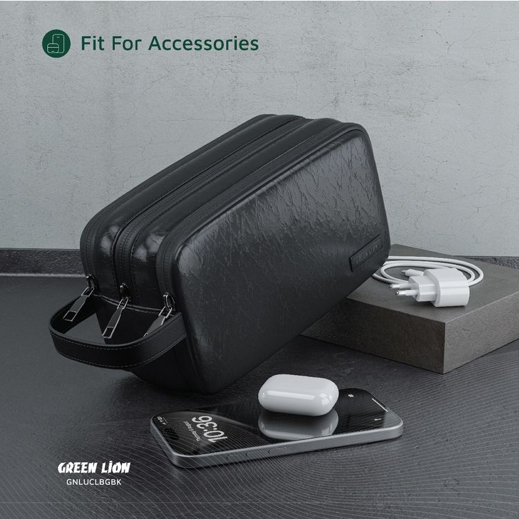 Green Lion Lucid Clutch Bag, 3 Compartments, Mesh Pockets, Sturdy Handle, Microfiber Interior, Water-Resistant PU Leather Exterior, Zinc Alloy Zipper - Black 