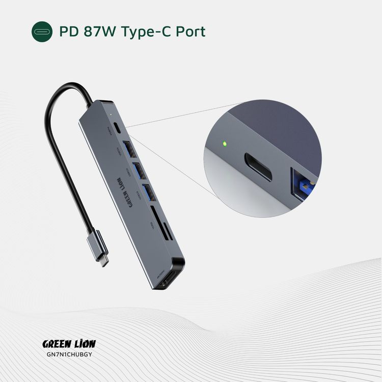 Green Lion 7-in-1 USB-C Hub with 3× USB-A, HDMI, TF/SD Card & USB-C Ports, Aluminum Alloy Material, 4K@30Hz Resolution, 5 Gbps Data Transfer, 16.7cm Cable Length - Gray