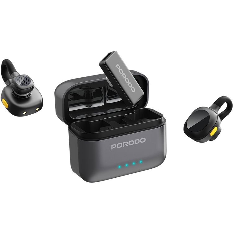 Porodo Movo Lavalier Dual Microphones with Type-C Connector, Precise Reverb, 1 Hour Charging Time, Up to 5 Hours Working Time, 650mAh Case Battery Capacity, 55mAh Microphone Battery Capacity, 15-20m Transmission Distance, Crystal Clear Audio, Auto Pairing Technology, Instant Wireless Setup - Black