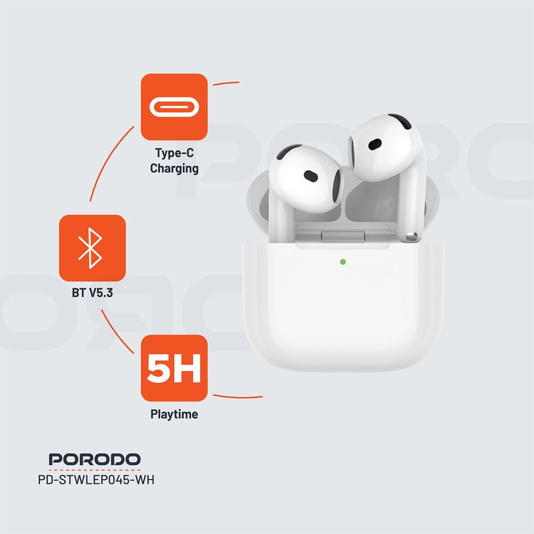 Porodo Soundtec Earbuds Gen 4 with Environmental Noise Cancellation, 5 Hours Play Time, 25m Transmission Range, Touch Control, Wireless Charging - White