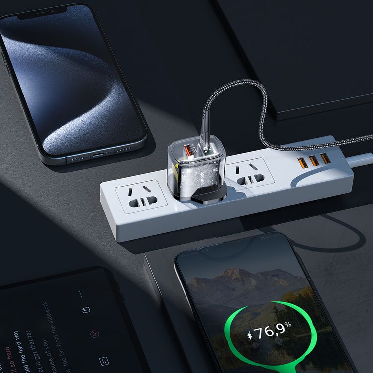 Porodo Dual Output Transparent Quick Charger with USB-C to Lightning Cable, 20W Power Delivery, Simultaneous Charging, 18W USB-A Output, 0%-60% Charge in 35 Minutes, Overheat Protection - Black