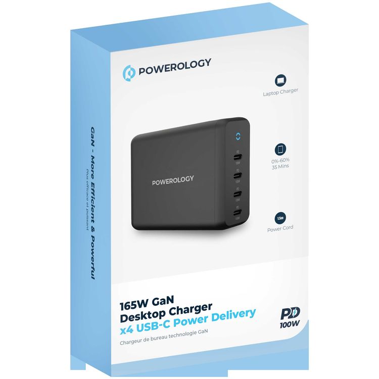 Powerology 165W GaN Desktop Charger with 4X PD Port UK AC Cable PD 100W - Black