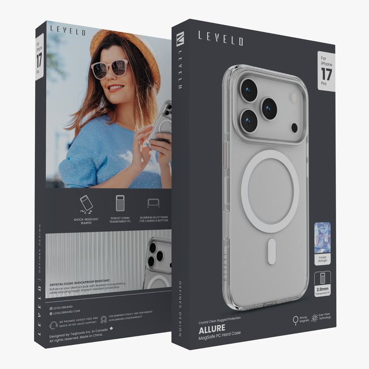 غطاء Levelo Allure MagSafe PC الصلب لهاتف iPhone 17 Pro، بإطار من سبائك الألومنيوم للكاميرا والأزرار، مانع للصدمات، بتقنية Ever-Clear، مقاوم للتأثيرات - شفاف