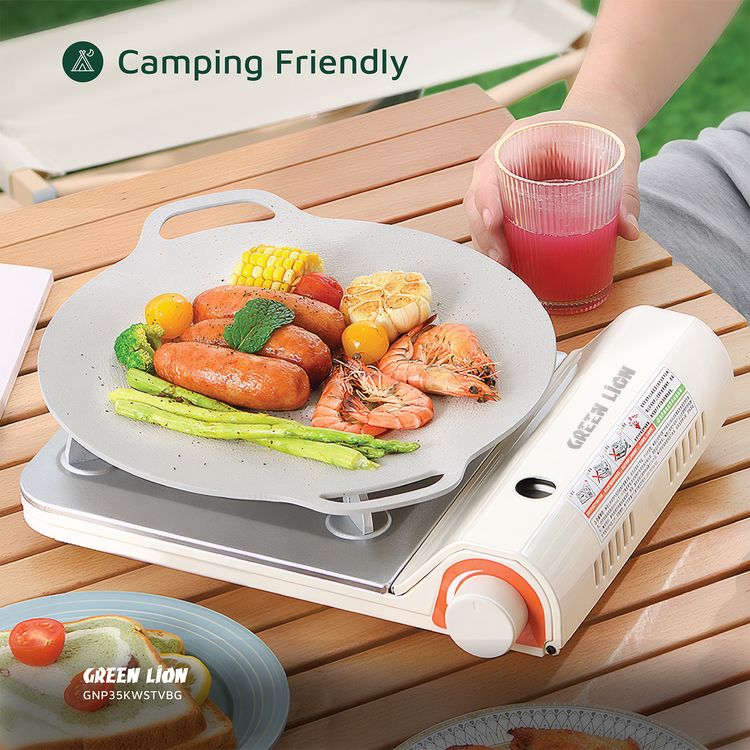 اجاق گاز در فضای باز قابل حمل شیر سبز 3.5 کیلووات، آهن + آلومینیوم + مواد PP، نوع گاز بوتان، جرقه زنی الکترونیکی، خاموش شدن ایمنی، کنترل شعله - بژ