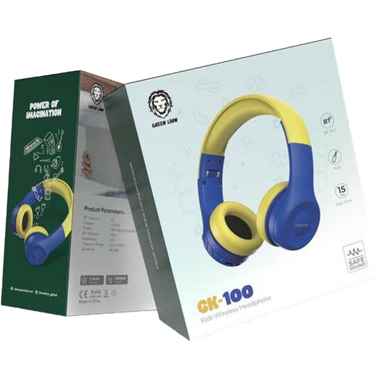 Green Lion Gk-100 Kid Wireless Headphones with High-quality Audio Clarity, Kid-Friendly, Built-in AUX Option, 40mm Driver Size, 15 Hours Playtime, Less than 2 Hours Re-charge Time, Lightweight,  10m Bluetooth Range - Blue/Yellow