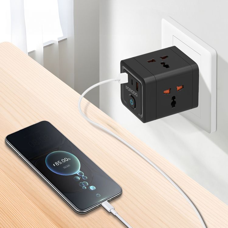 Porodo 4-AC Universal Power Block Adapter with USB-C & Dual USB-A Ports, Fast Charge, 20W Power Delivery, Built-in Safeguards, Simultaneous Charging, 2500W Rated Power - Black