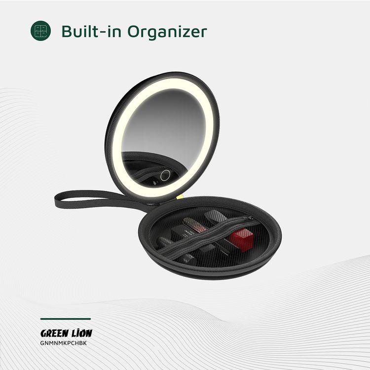 حقيبة مكياج صغيرة من جرين ليون مع منظم مدمج، حتى 4 ساعات عمل، سطوع قابل للتعديل، سعة البطارية 800mAh، 36 خرزة LED، مرآة LED - أسود