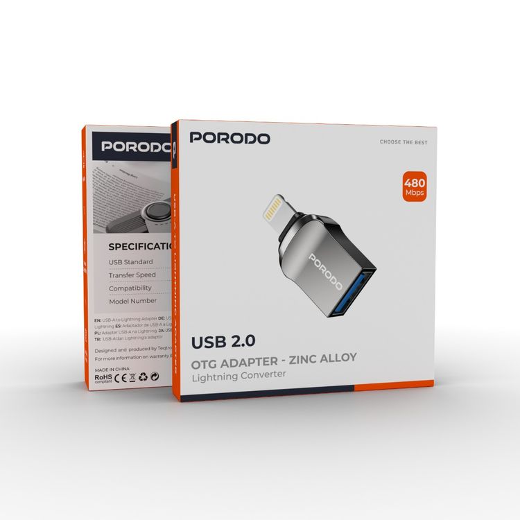 Porodo  USB A to Lightning Adapter, Zinc Alloy, Fast Data Transfer, Universal Compatibility, Plug & Play, Up to 480Mbps Transfer Speed - Black