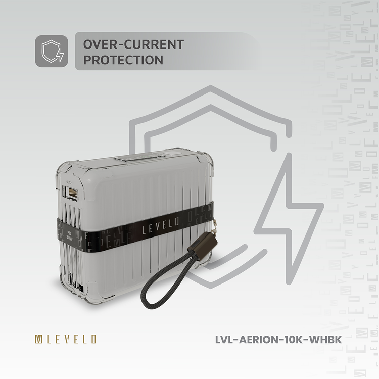 Levelo  Aerion Portable 10000mAh Power Bank with Luggage Design, LED Display, Over Current Protection, Lithium-ion Battery, Grip Cable, Fast Charging Support - White / Black  
