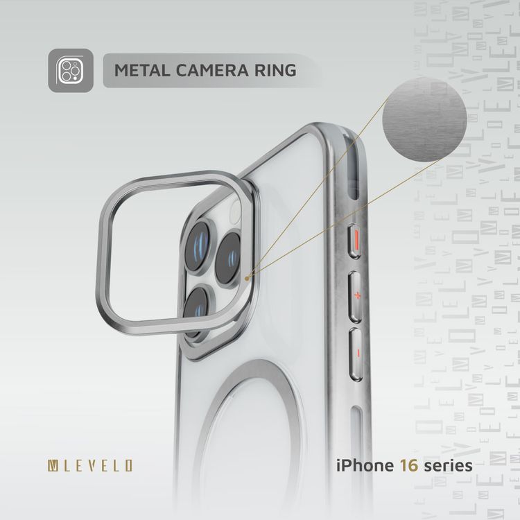 Levelo Elio PC Case with Camera Ring Stand for iPhone 16 Pro Max, Built-in Kickstand, MagSafe Compatible - Silver 