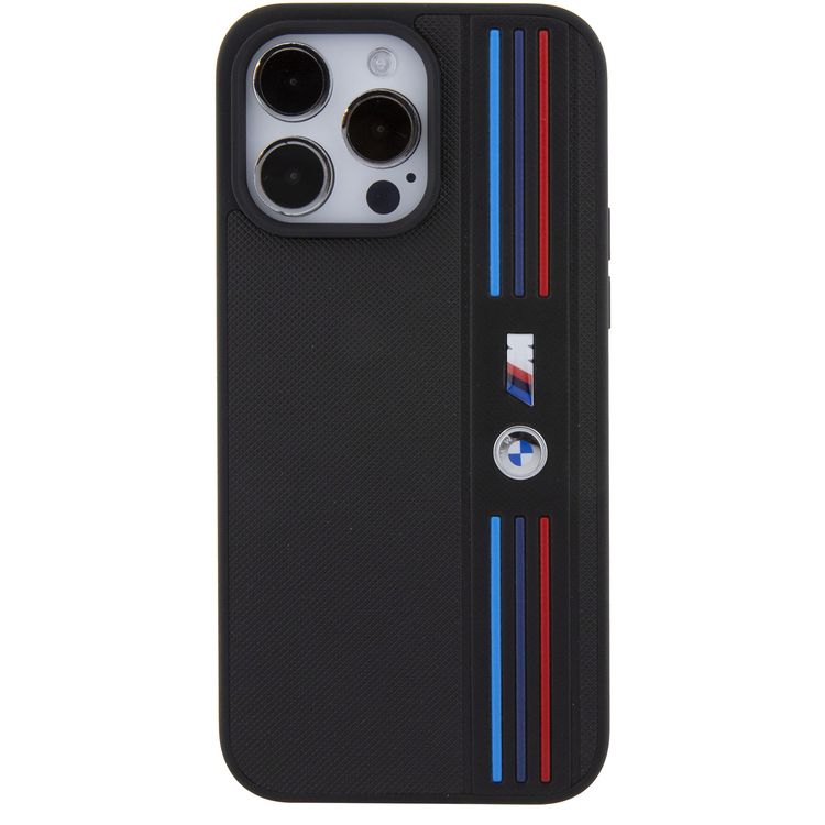 BMW M PU Leather Case with Mesh Tricolor Pattern for iPhone 15 Pro