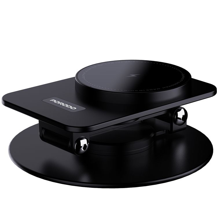 Porodo Wireless Charging Rotating Stand with Folding Watch Charge, Flexible Viewing Angle, 360° Rotating Base - Black