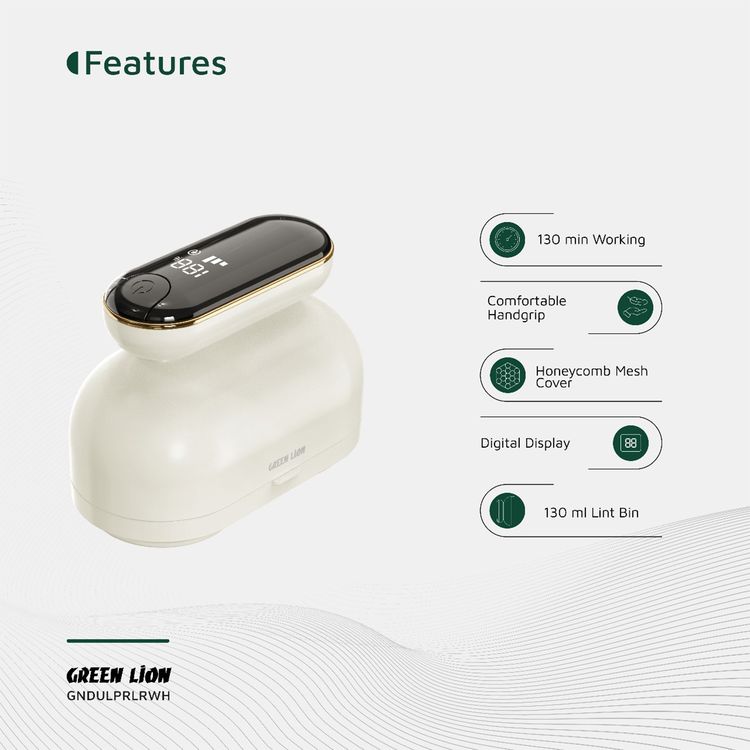 Green Lion Dualpro Digital Fabric Remover with 3-Gear Speed Control, Up to 2.2 Hours Working Time, 130mL Lint Bin Capacity, 2 × 6-Leaf Blades, Honeycomb Mesh Cover, Comfortable Hand Grip, Dual-Head Design - White