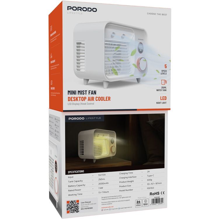 Porodo Mini Mist Fan Desktop Air Cooler with LED Display & Knob Control, 250mL Tank Capacity, 2000mAh Battery, 7.4W Rated Power, Up to 7 Hours Working Time, USB-C Charging Port, 5 Speed levels, Instant Cooling Mist - White