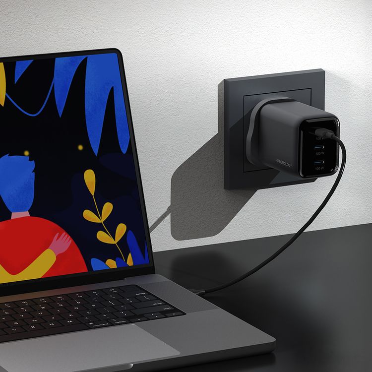 Powerology Volt-X 100W Multi-Port GaN Wall Charger with triple USB-C Ports, Advanced Safety Features, Wide Compatibility, Universal Protocol Support, Fast Charging Speed, GaN Technology, Compact Travel Size - Black