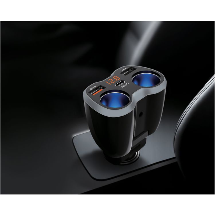 Green Lion Multi-port Car Charger with Voltage Reminder, Dual USB-A Ports, Power Switch, Type-C Port, QC 3.0, 2 Cigarette Lighter Socket Ports - Black 