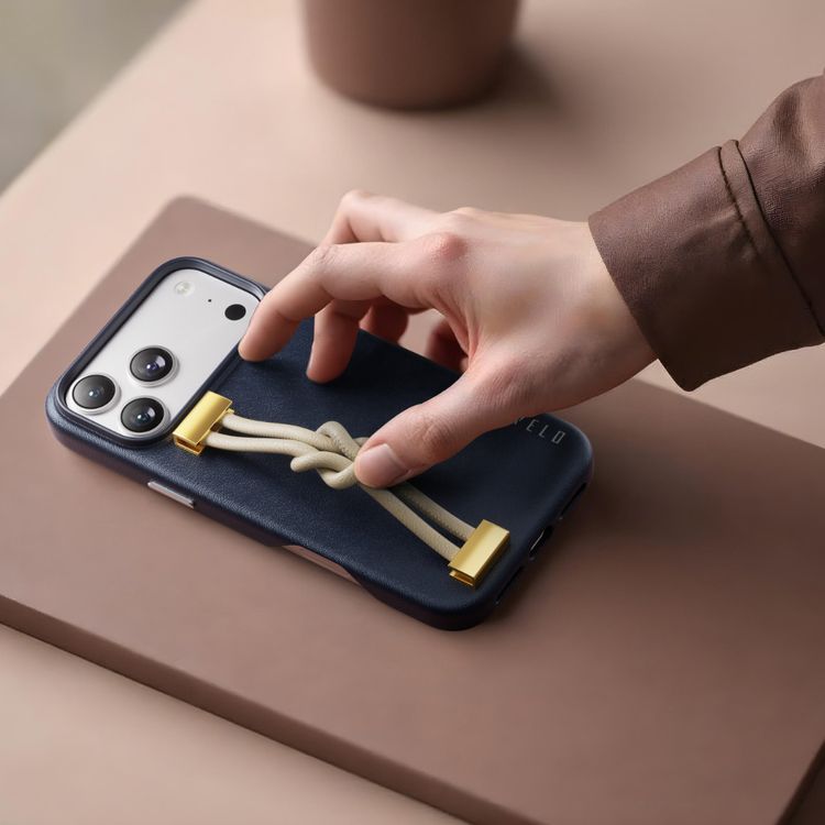 Levelo Polaris PU Leather Case with Wrist-Strap Grip for iPhone 17 Pro, Microfiber Inner Lining, Raised Bezels for Camera & Screen, Shock-Resistant Bumper, Drop-Tested - Dark Blue