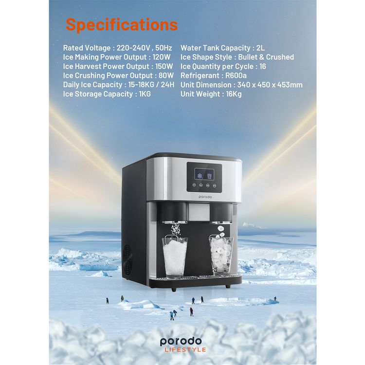 Porodo Lifestyle 3-in-1 Ice Maker, Ice Crusher & Cold Water Dispenser with 2L Water Tank Capacity, Dual Ice Making Mode, LED Display, Up to 18kg of Ice per Day - Black